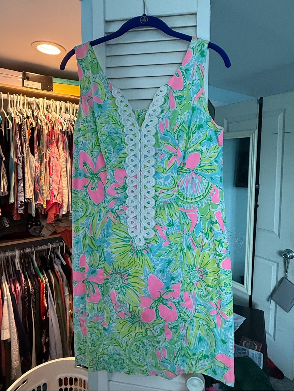 Lilly Pulitzer Cathy Floral Shift Dress with Crochet Trim - Pink & Aqua